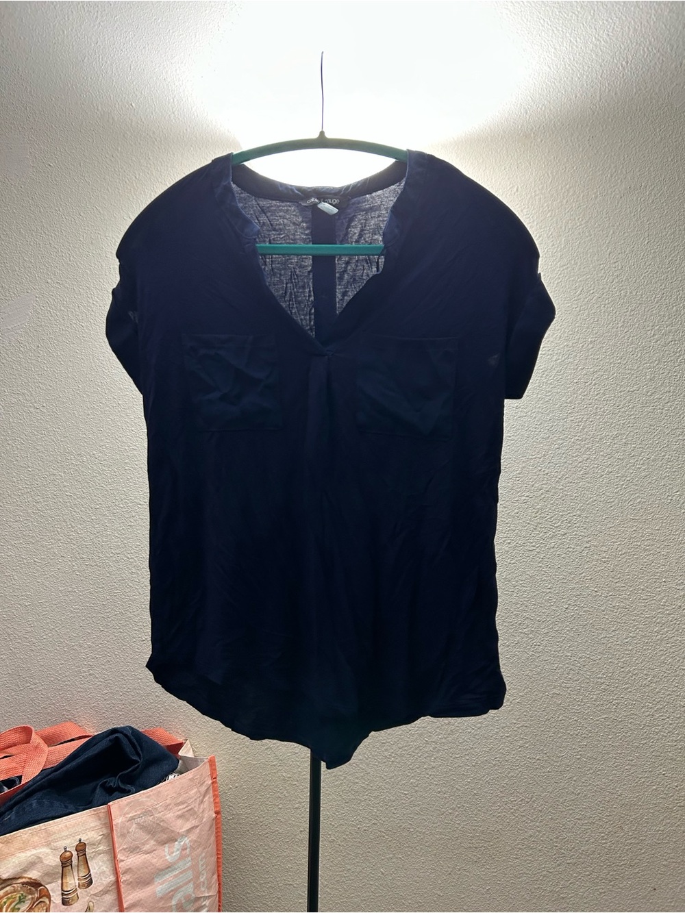 Cable & Gauge Navy V-Neck Short Sleeve Pocket Blouse